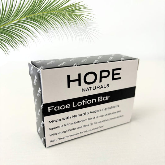 Hope Naturals Plastic Free Moisturiser Face & Body Lotion Bar – Natural Vegan Skincare UK - Sulphate Free - Essential Oils - Rose Geranium - Nourishing - Hydrating - Creamy - Glow