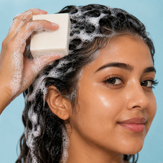 Shampoo bar lather while washing hair — soap-free bar for hard water