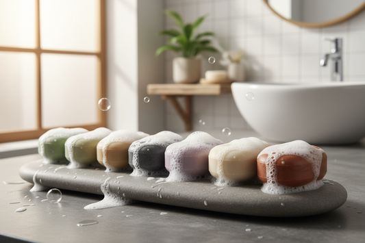 Solid soap bars lathered in a row — plastic-free alternatives to bottled products
