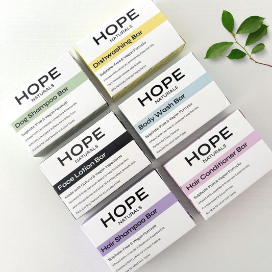 Hope Naturals Plastic Free Sulphate Free Vegan Skincare and Essentials - Shampoo Bar, Conditioner Bar, Body Wash Bar, Face Lotion Bar, Dog Shampoo Bar - Natural - Made in UK 