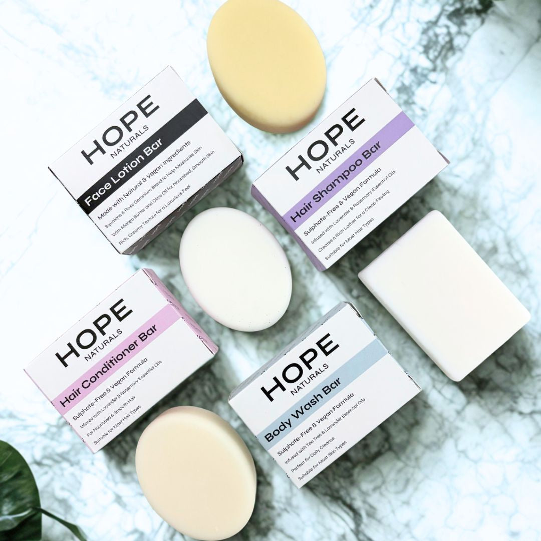 shampoo bar, conditioner bar, face moisturiser, body wash, natural, vegan, sulphate-free